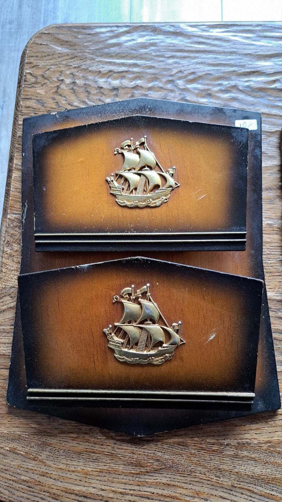 Vintage houten brievenhouder met scheepsdecoratie, Ophalen of Verzenden