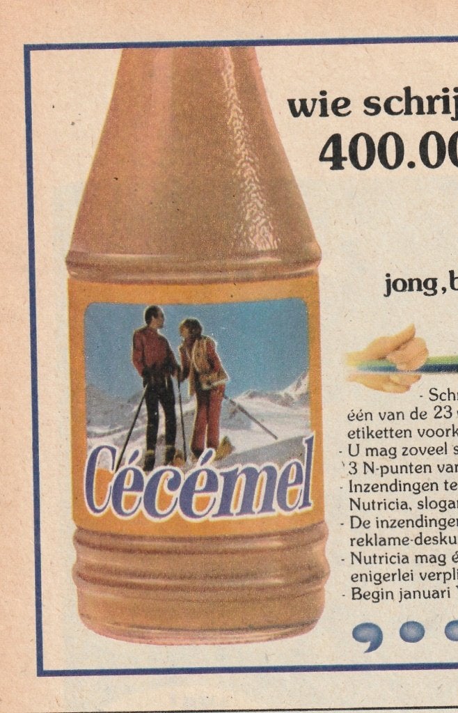 Retro reclame 1972 Nutricia Cécémel flesje skiërs, Verzamelen, Verzenden, Overige typen
