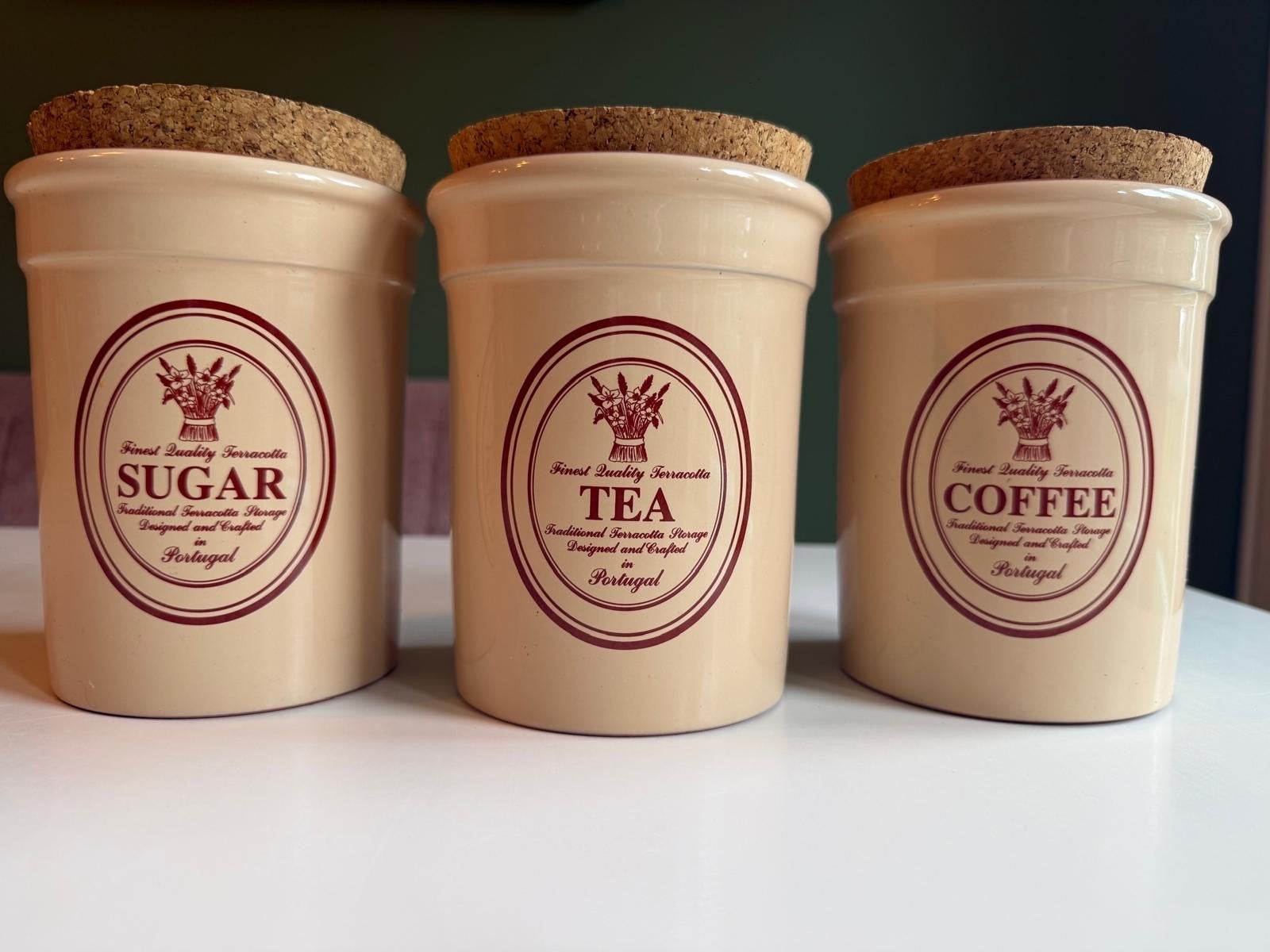 Set van 3 terracotta voorraadpotten (suiker, thee, koffie), Zo goed als nieuw, Voorraadpot, Steen/keramiek, Overige merken