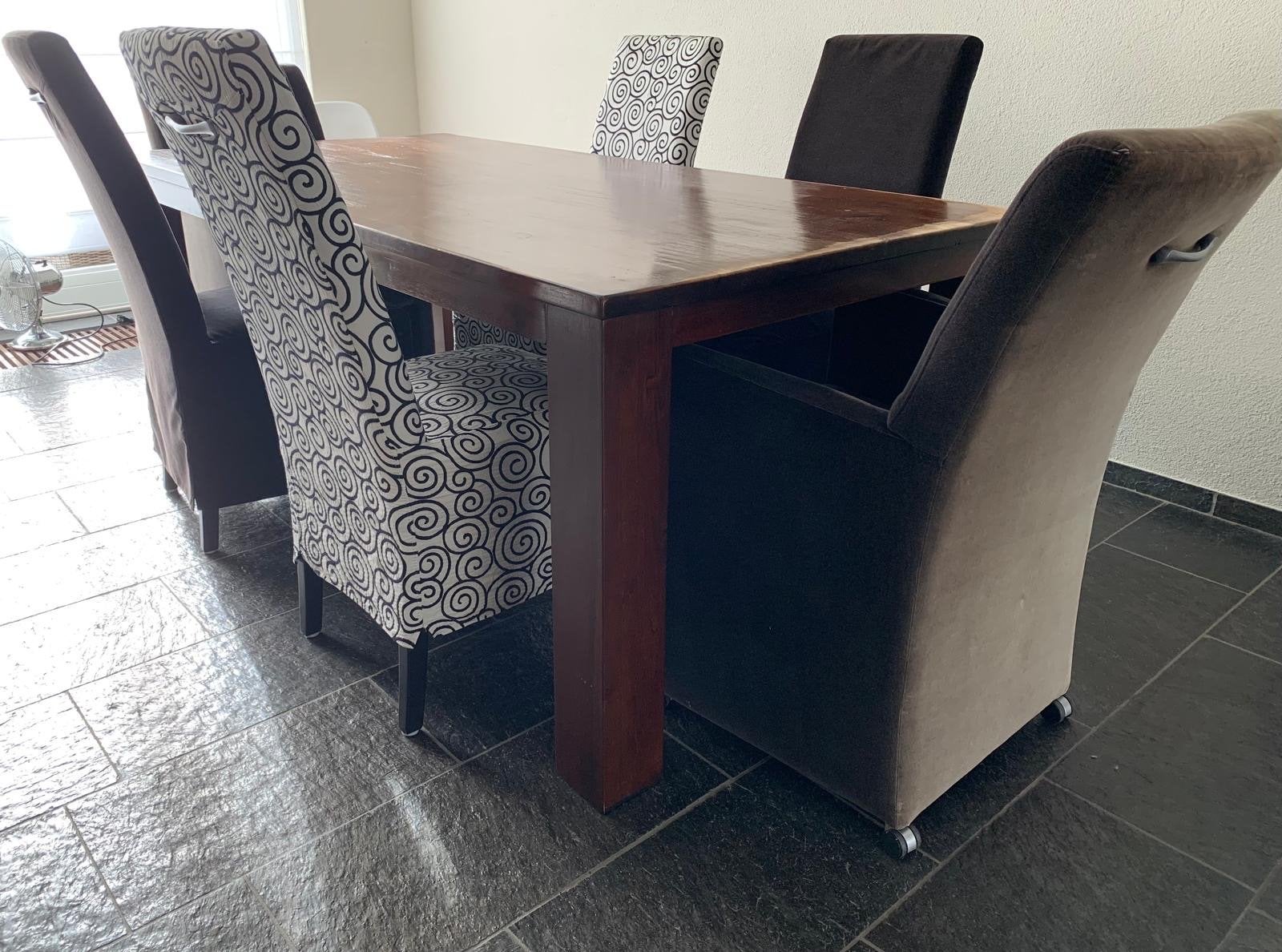Complete eetkamer: kersenhouten tafel (2x1m) met 6 stoelen, Ophalen, Gebruikt, 6 tot 8 stoelen