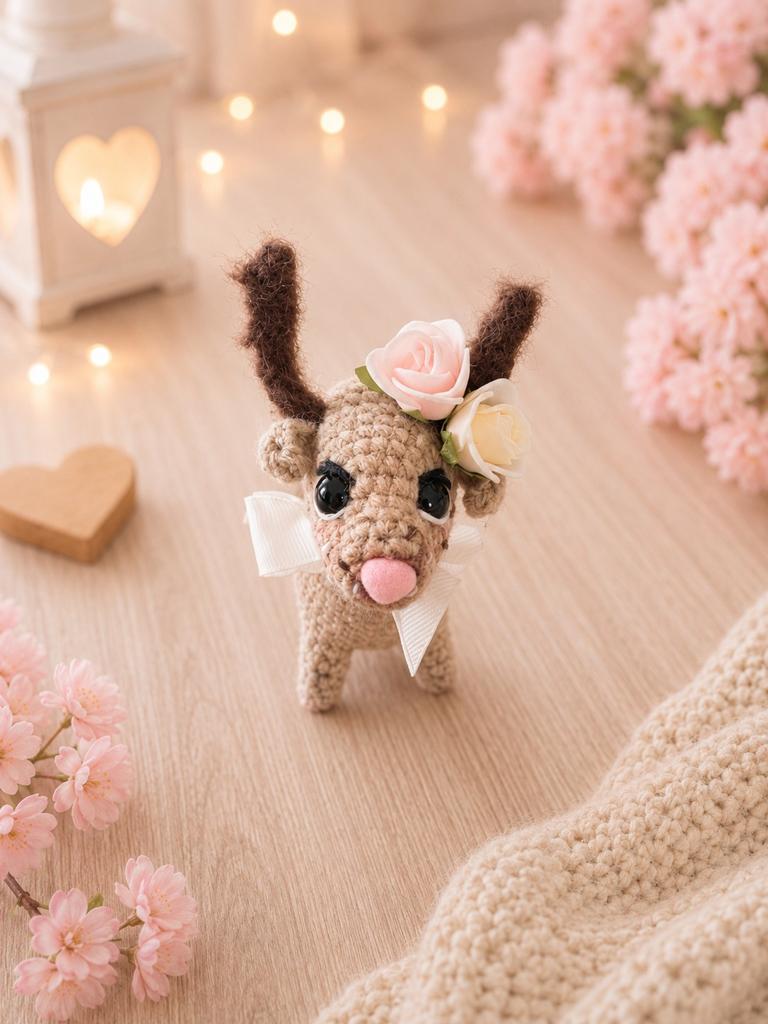 Gehaakt rendier knuffel met bloemen en strik, Overige merken, Overige karakters, Nieuw, Ophalen of Verzenden