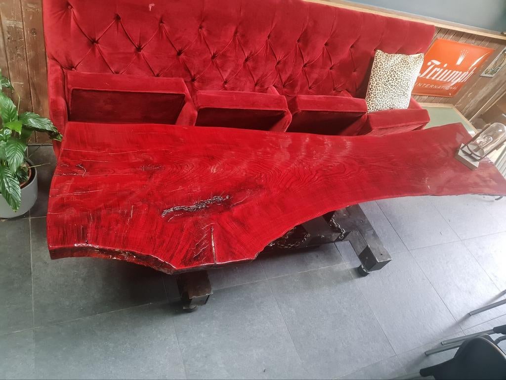 Stijlvolle houten tafel met zwaar ijzeren onderstel, Huis en Inrichting, Tafels | Eettafels, Ophalen of Verzenden, Gebruikt, Overige houtsoorten