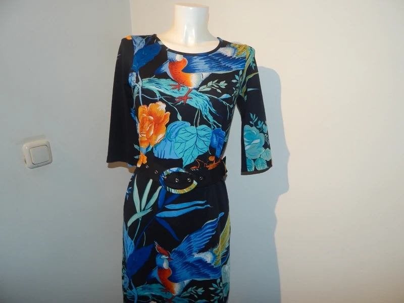 King Louie stretch jurk vogels bloemen pracht kleuren s, Maat 38/40 (M), Verzenden, Zwart, Zo goed als nieuw