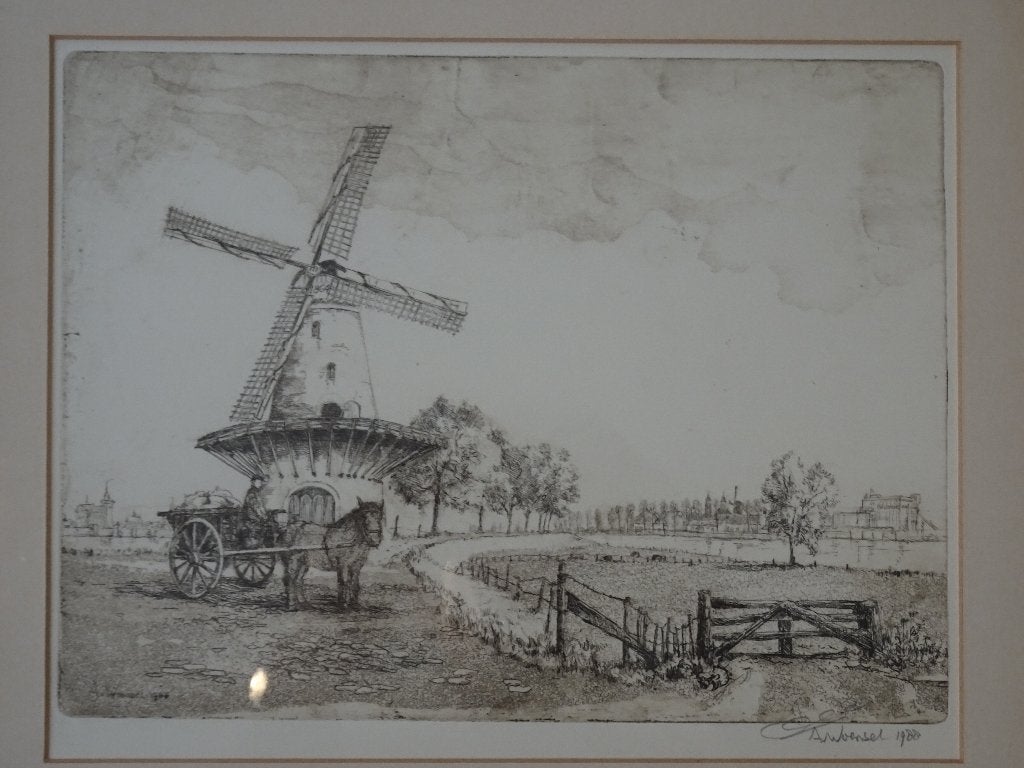 Ets zicht op Ravenstein, molen paard en wagen A. van Woensel, Antiek en Kunst, Stadsgezicht, Ophalen of Verzenden, Ingelijst, 1950 - 1999
