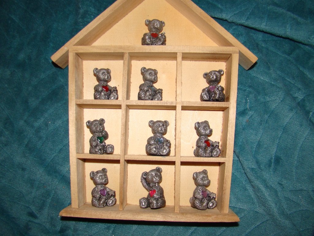 houten letterbak met 10 zilver metaal beren beertjes, Ophalen of Verzenden, Zo goed als nieuw, Beeldje, Overige merken