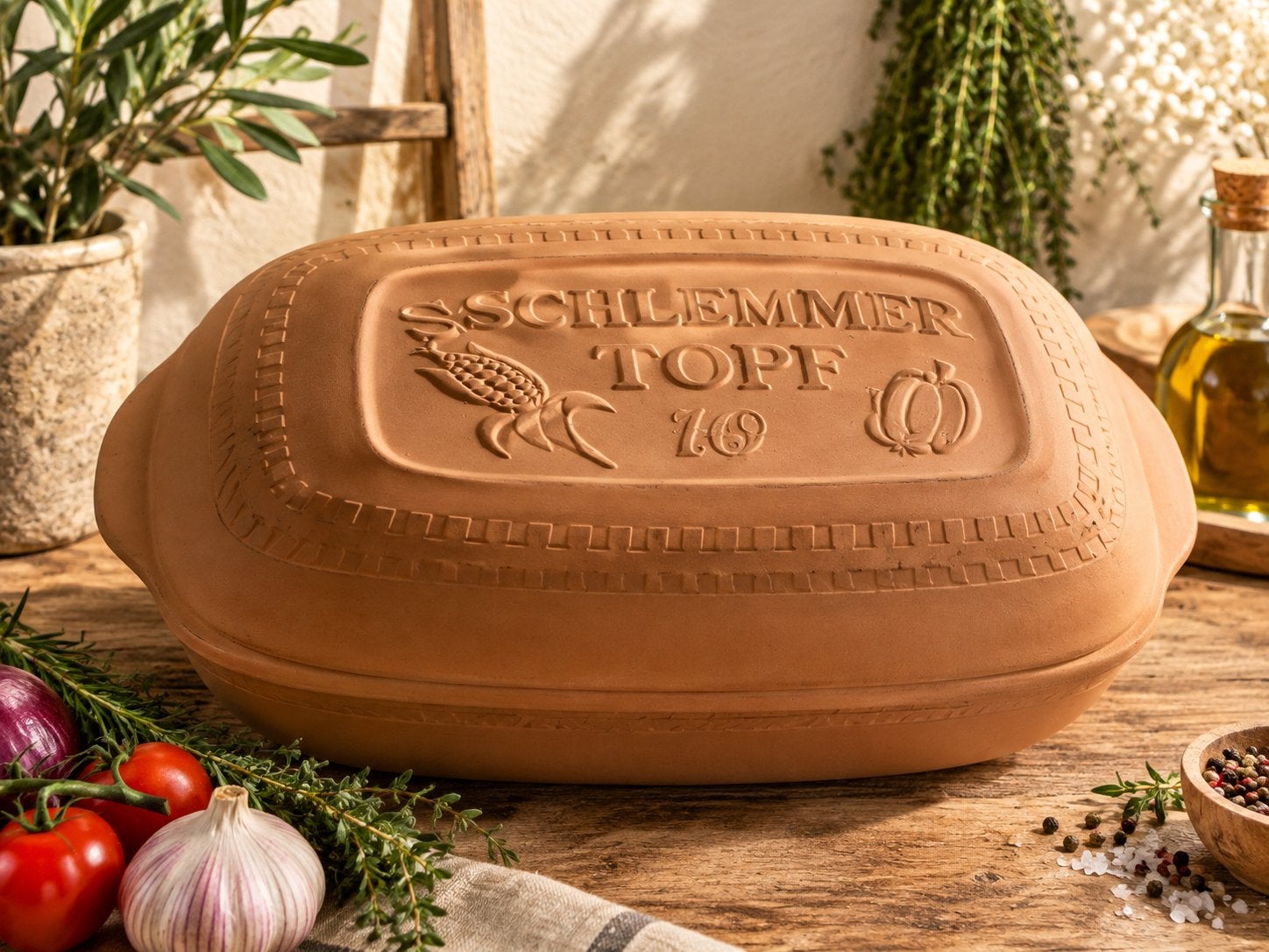 Schlemmer Topf – ruime terracotta braadschotel met deksel, Huis en Inrichting, Ophalen, Gebruikt