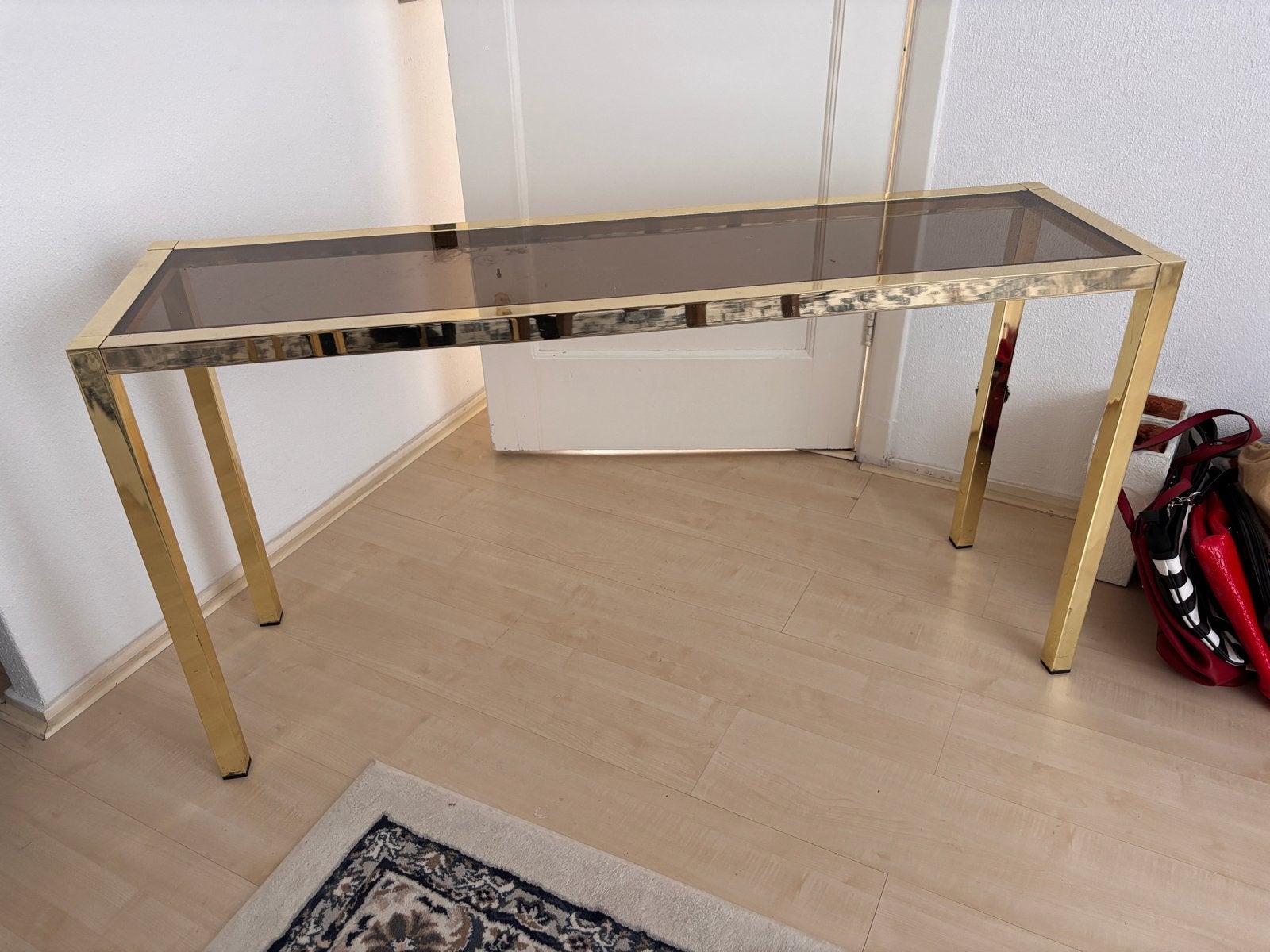 Gouden console tafel met glazen blad, Ophalen, Gebruikt, Minder dan 50 cm, Glas