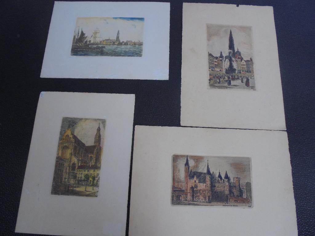4 antieke ingekleurde etsjes van Antwerpen, Antiek en Kunst, Ophalen of Verzenden, Stadsgezicht, Ets, 1900 - 1949