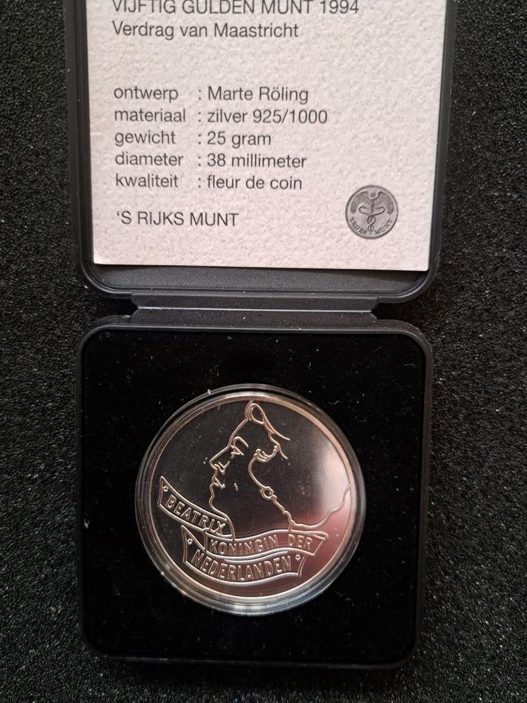 Zilveren Vijftig Gulden Munt 1994 - Verdrag van Maastricht, Koningin Beatrix, Zilver, Ophalen of Verzenden, Losse munt
