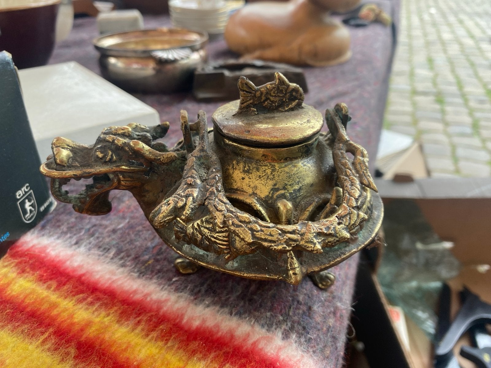 Antieke bronzen draak wierookbrander/inktpot, Ophalen of Verzenden