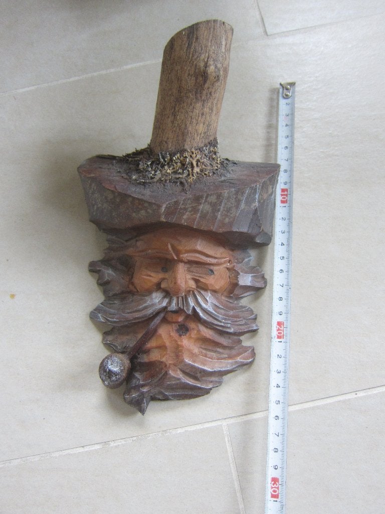 decoratie BOOMGEZICHT JAGER WEZEN ECHT HOUT met pijp 28 cm, Antiek en Kunst, Houtsnijwerk, Ophalen of Verzenden, 20 - 50 cm, Hout