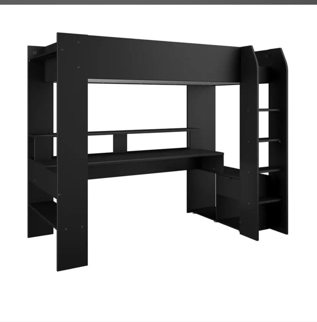 hoogslaper Bed met Bureau en Lade ideaal voor gamen, Ophalen, 90 cm, Eenpersoons, Zwart