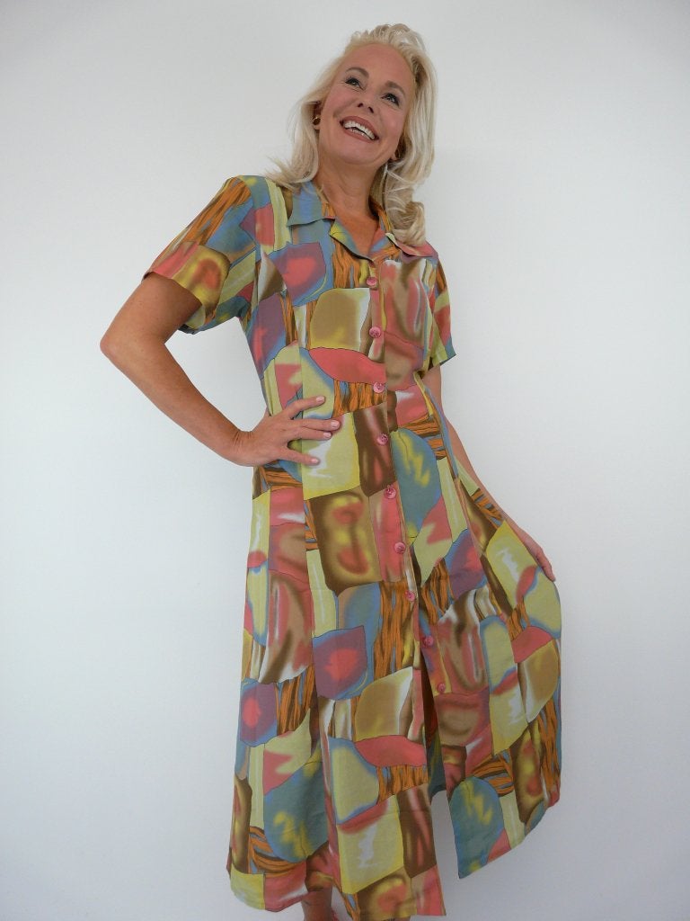 *Abfab Vintage Kleurrijke Doorknoop Jurk 42*, Overige kleuren, Maat 42/44 (L), Ophalen of Verzenden, Zo goed als nieuw
