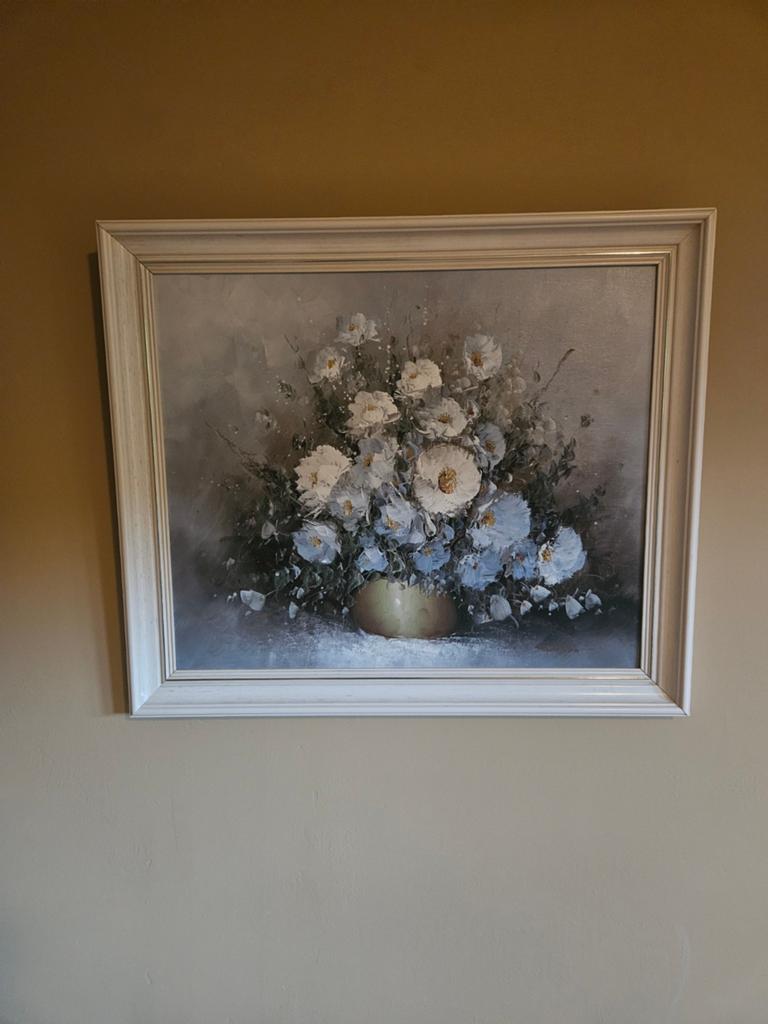 Schilderij met witte en blauwe bloemen in vaas, Ophalen
