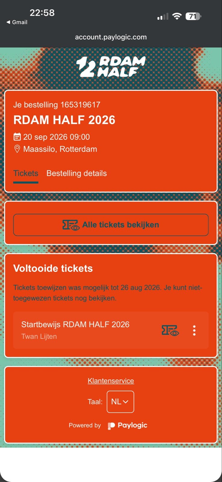 Startbewijs halve marathon Rotterdam, Tickets en Kaartjes, Eén persoon, September