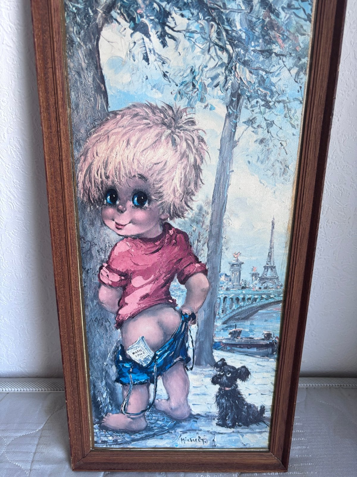 Vintage kunstwerk: Kind in Parijs met Eiffeltoren, Paneel, Portret of Personen, Ophalen of Verzenden, Olieverf