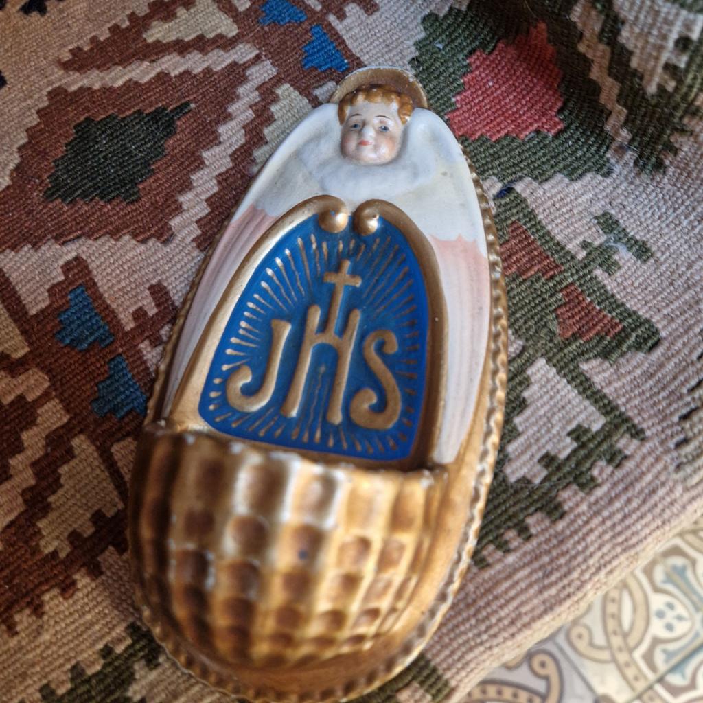 Oud brocante aardewerk wijwaterbakje religie, Verzamelen, Ophalen of Verzenden, Gebruikt