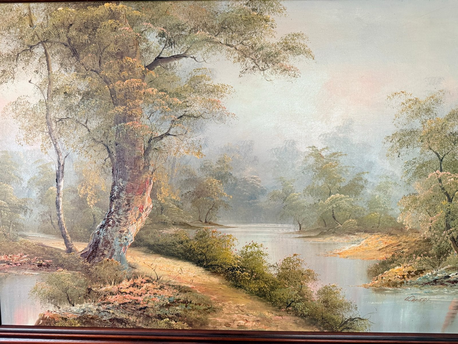 Olieverfschilderij Landschap met rivier, gesigneerd C. Cafie, Antiek en Kunst, Doek, Ophalen of Verzenden, Gesigneerd, Landschap