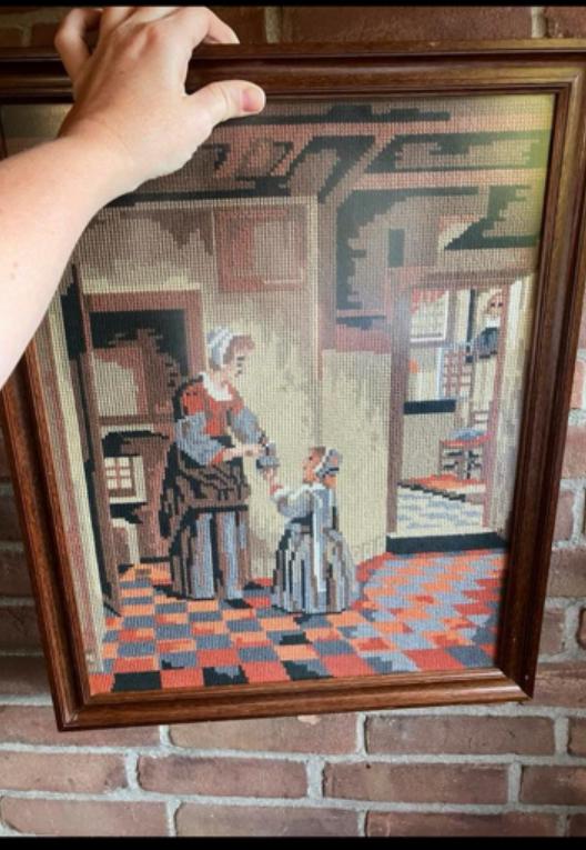 3 grote brocante geborduurde schilderijen vintage, Ophalen of Verzenden