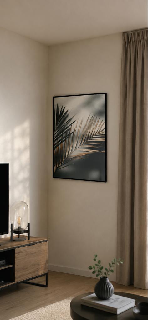 Zwarte fotolijst incl poster met palmbladeren groen / goud, Ophalen, Gebruikt, Print, 75 cm of meer