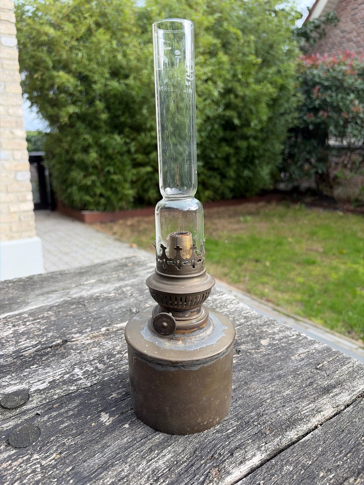 Antieke olielamp - Vintage messing petroleumlamp, Ophalen of Verzenden