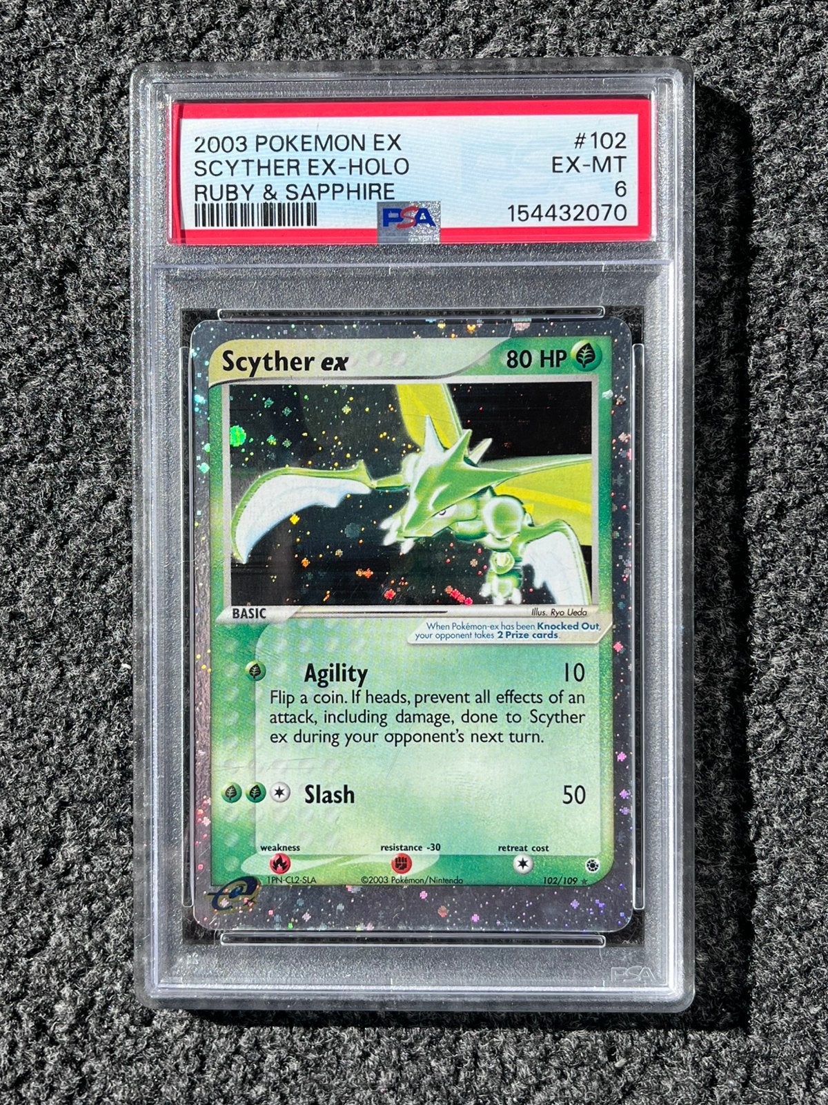 Pokémon PSA 6 Scyther Ex Holo #102 Ruby & Sapphire, Ophalen of Verzenden, Zo goed als nieuw, Losse kaart, Foil