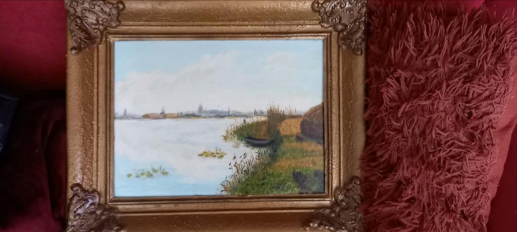 Schilderij: Hollands landschap met water en bootje, Ophalen of Verzenden