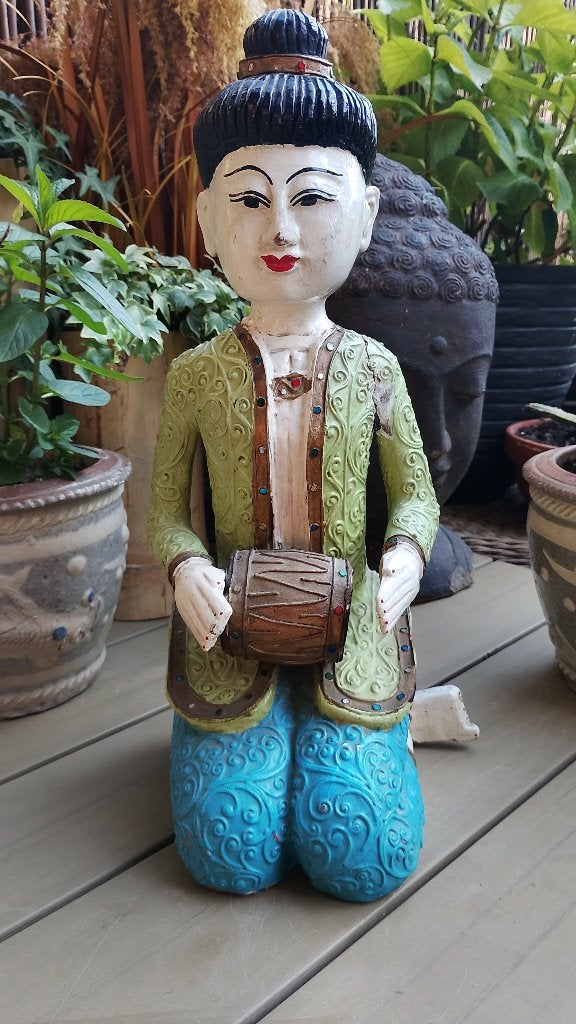 Antieke vintage houtsnijwerk Thaise muzikant India, Ophalen of Verzenden
