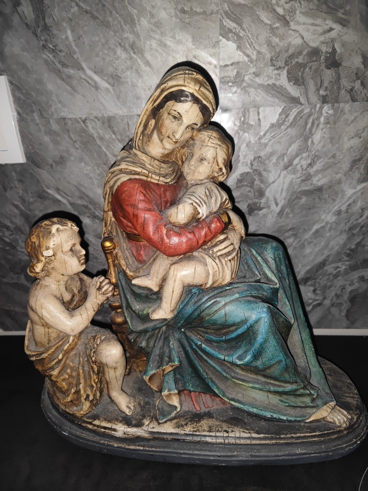 Antiek Mariabeeld met jezus en Johannes, Ophalen of Verzenden