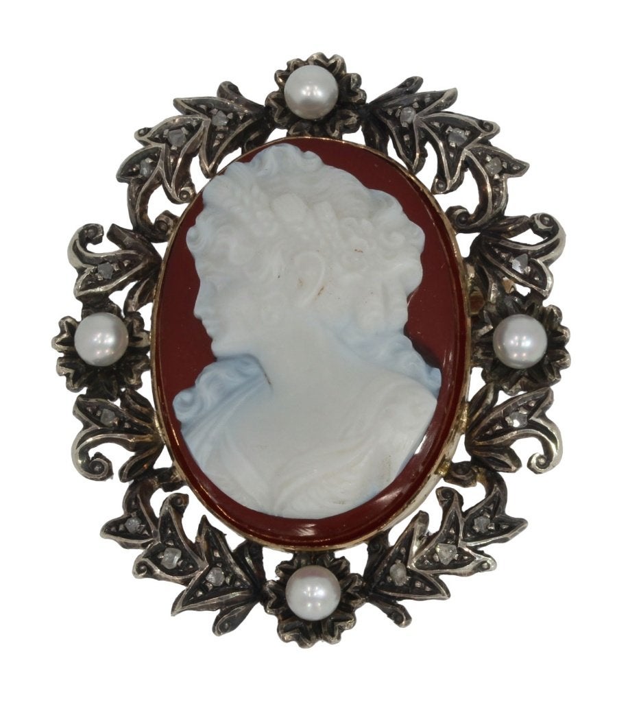 Diamanten camee antieke 14k gouden hanger broche parel fraai, Ophalen of Verzenden, Goud, Hanger, Met edelsteen
