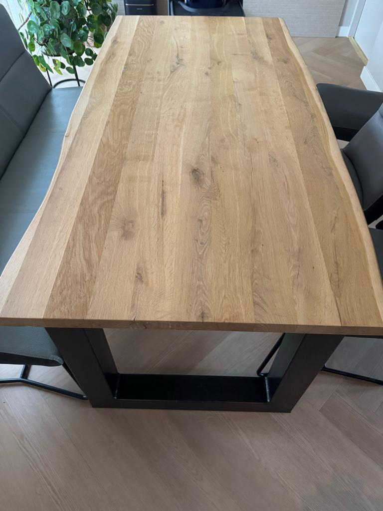 Eikenhouten eettafel met metalen poten (90x180 cm), Ophalen, Eikenhout, 50 tot 100 cm, Zo goed als nieuw