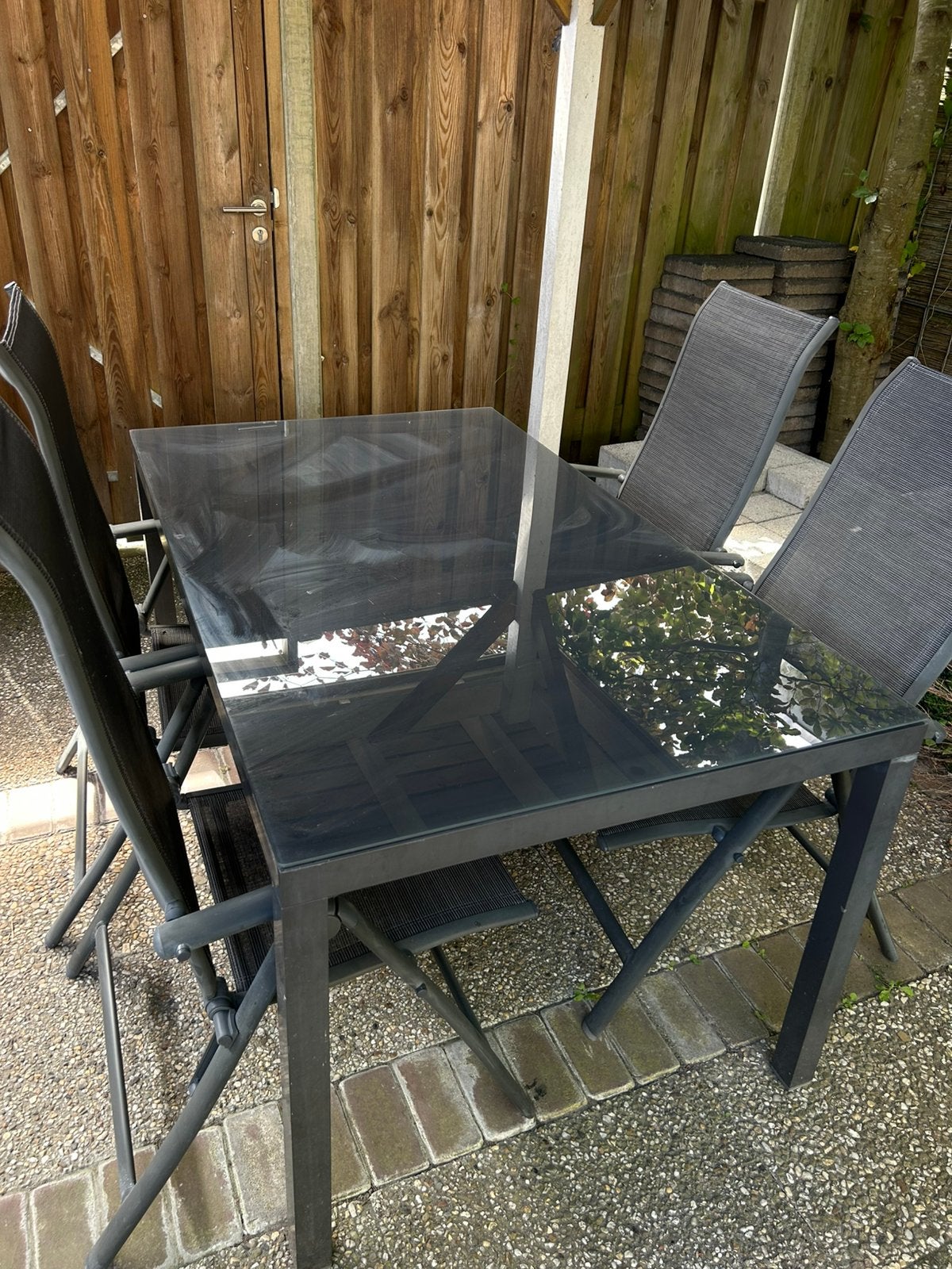 Tuinset met glazen tafel en 4 stoelen, Tuin en Terras, Tuinsets en Loungesets, Ophalen, Gebruikt, Eettafel, Tuinset