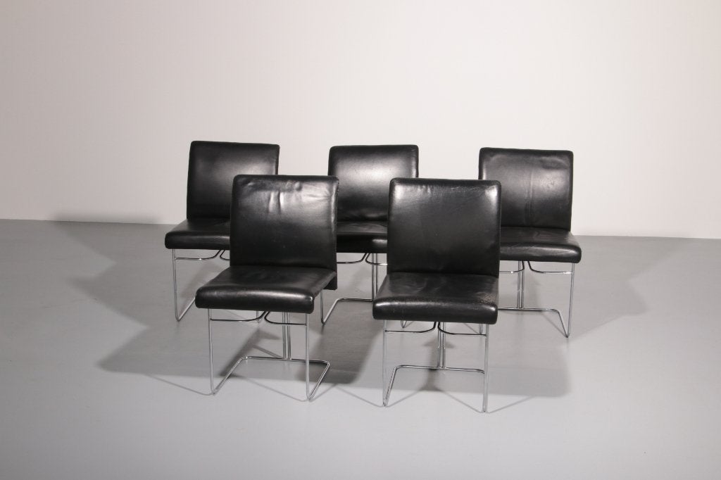 5 eetkamer stoelen van Ernesto Radaelli for Saporiti, Ophalen, Zwart, Vijf, Zes of meer stoelen, Leer