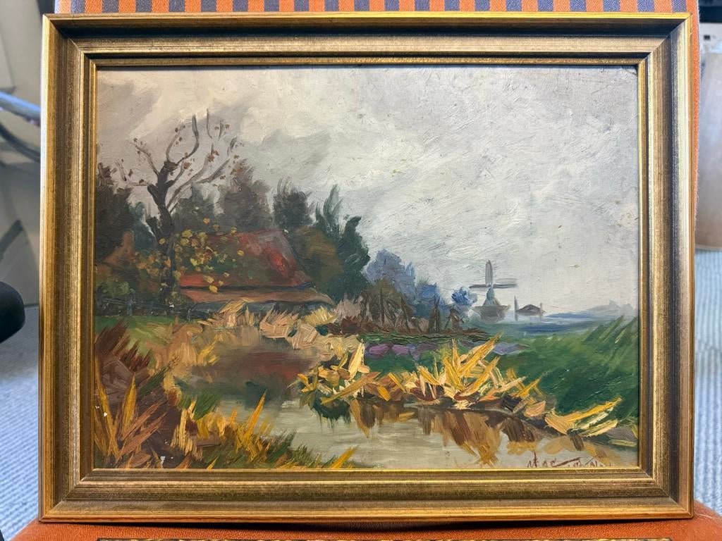 Olieverfschilderij Hollands Landschap met Molen, Antiek en Kunst, Kunst | Schilderijen | Klassiek, Ophalen