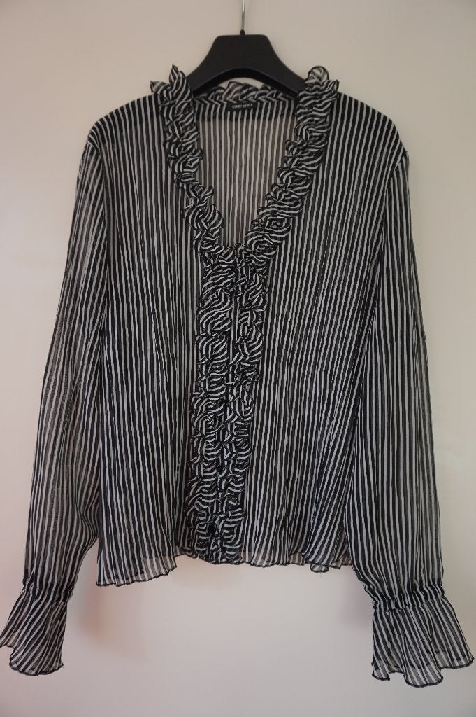Gerry Weber dunne blouse zwart - wit streepje roezel mt 42, Zwart, Maat 42/44 (L), Ophalen of Verzenden, Zo goed als nieuw