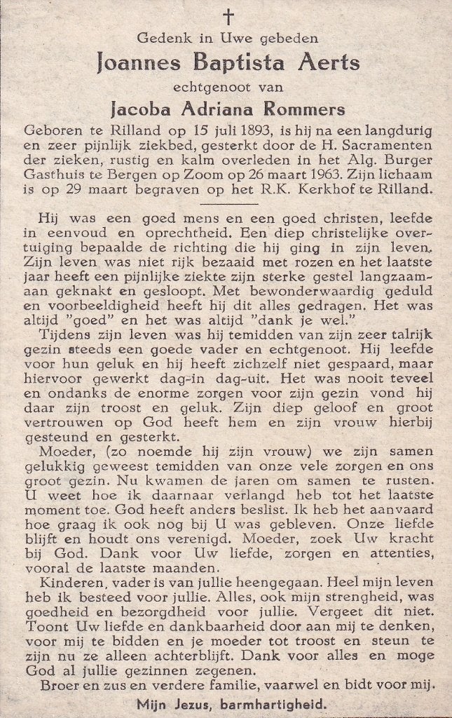 Aerts Joannes 1893 Rilland 1963 Bergen op Zoom, Ophalen, Bidprentje