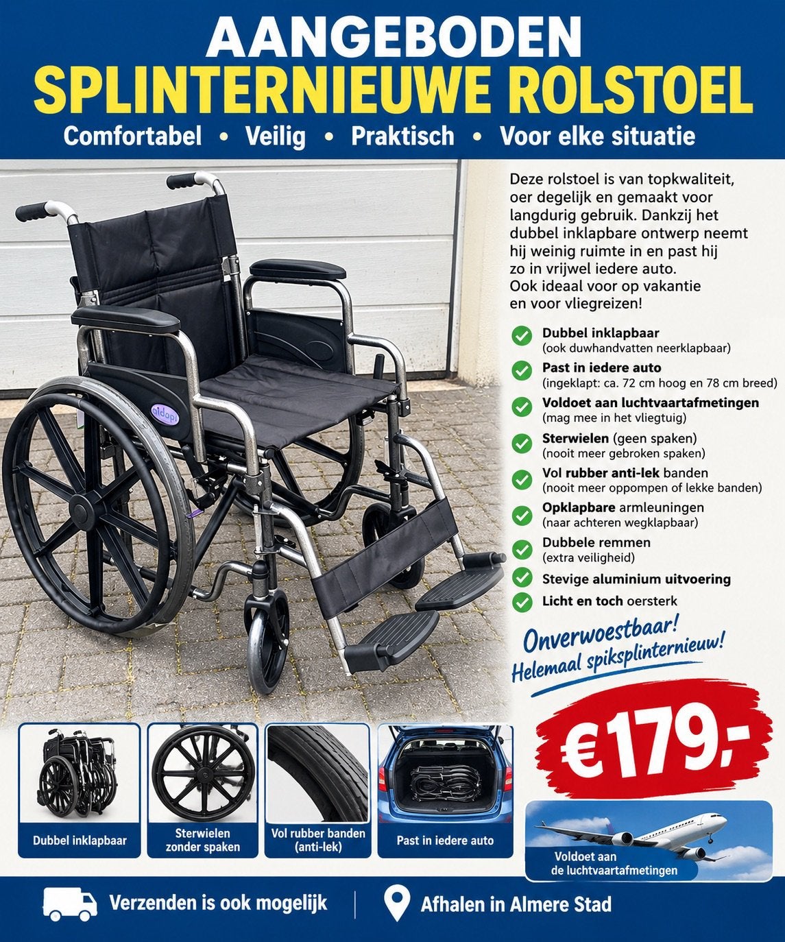 Foto 7 van Splinternieuwe dubbel klapbare rolstoel past in iedere auto