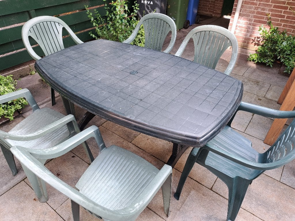 Tuinset - tafel en 6 stoelen., Ophalen, Kunststof, Gebruikt, 6 zitplaatsen
