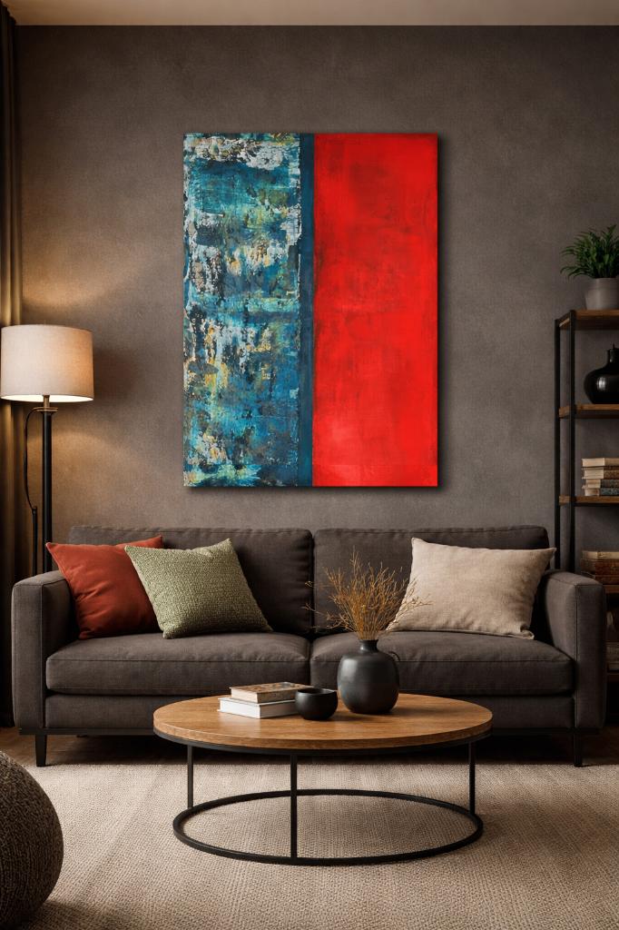 Groot abstract schilderij rood/blauw 80x100– “Dual Force”, Ophalen