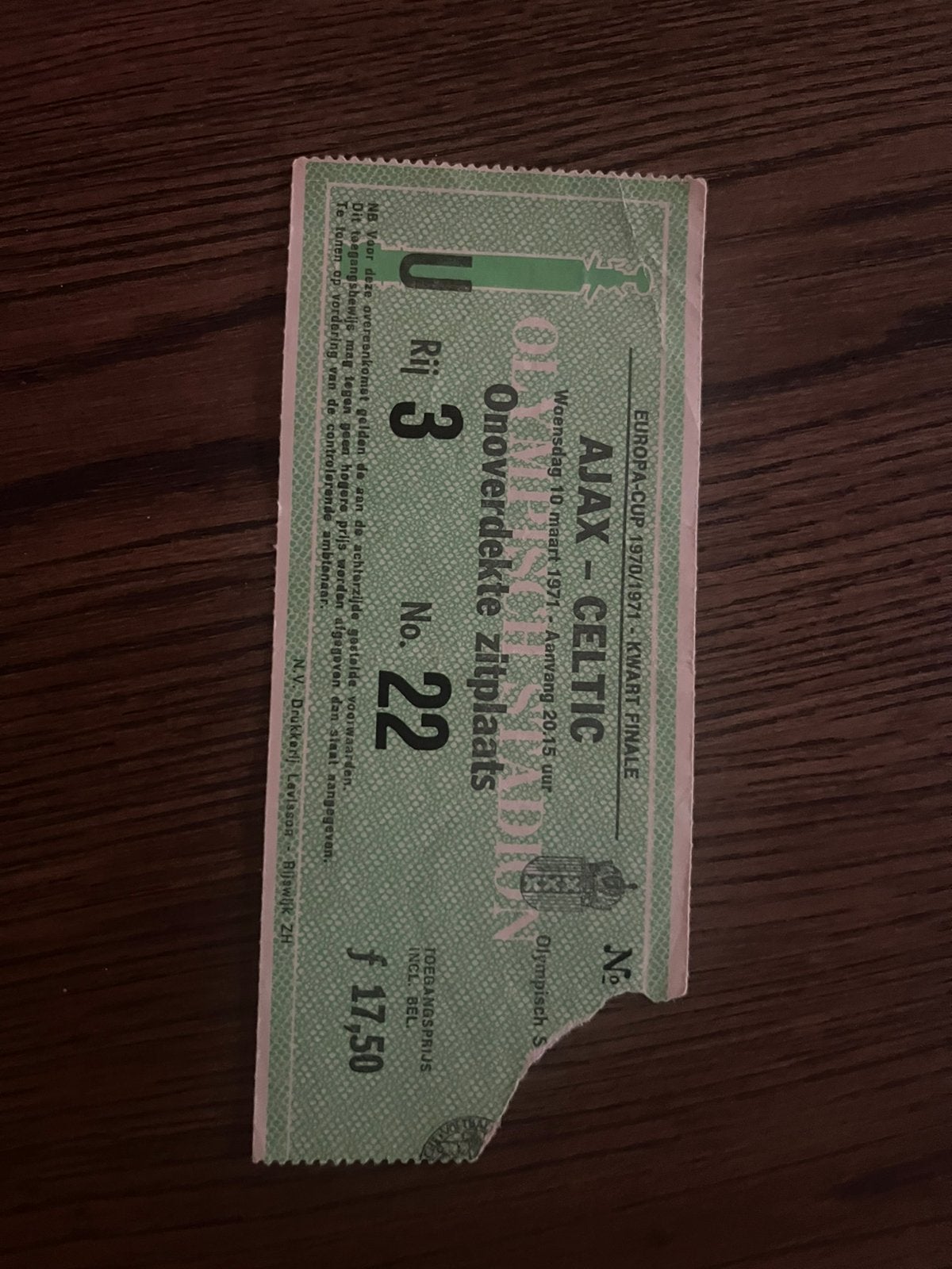 TICKET AJAX-CELTIC KWART FINALE EUROPA CUP I 70-71, Ophalen of Verzenden, Zo goed als nieuw, Ajax, Overige typen