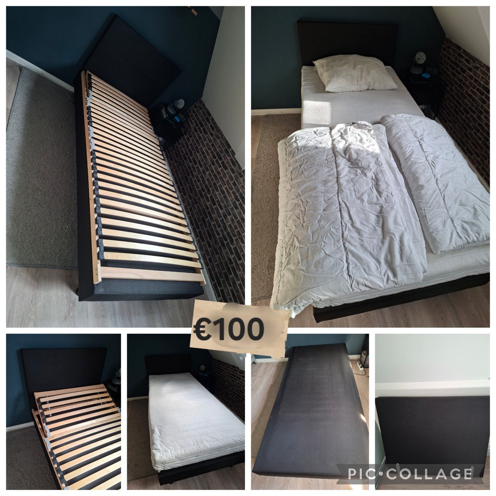 Eenpersoonsboxspring met lattenbodem en matras, Huis en Inrichting, Ophalen, 90 cm, Eenpersoons, Zwart