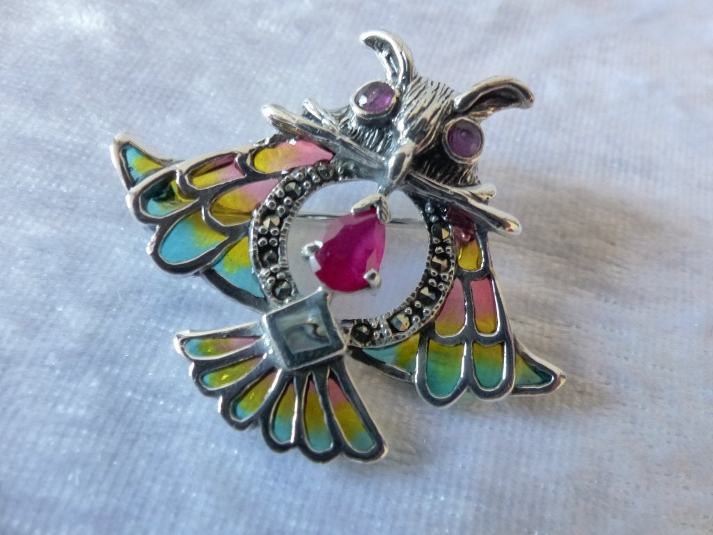 Mooie Zilveren Hanger / Broche met Robijn - Uiltje Tiffany, Verzenden, Zilver, Hanger, Met edelsteen