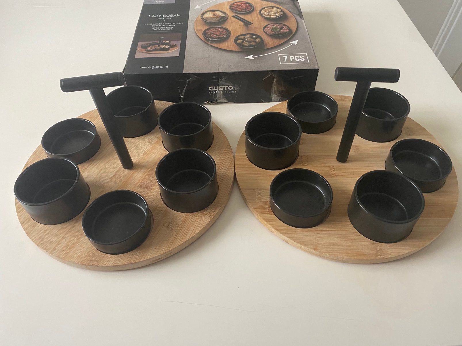 Gusta Lazy Susan Bamboe Draaiplateau set met 6 bakjes, Ophalen of Verzenden, Zo goed als nieuw