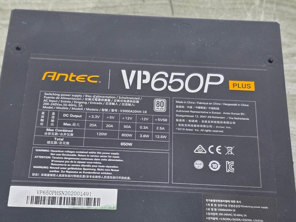 Antec 650w max voeding psu power supply vp650p plus, Ophalen of Verzenden, Gebruikt
