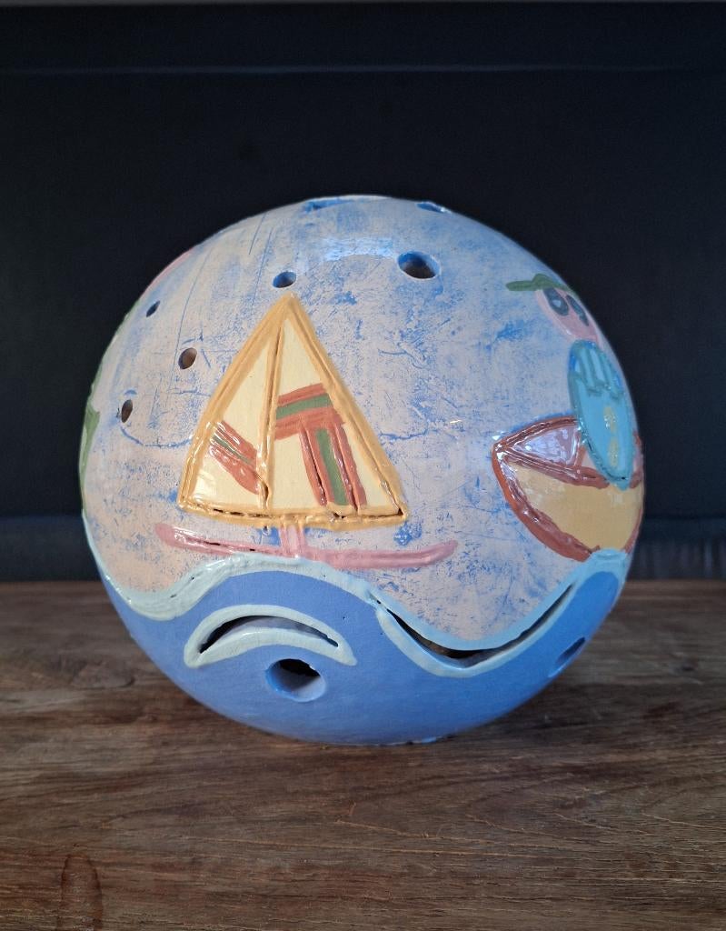 div. keramiek windlicht kunstobject bol lamp waxinelichtje, Blauw, Ophalen of Verzenden, Zo goed als nieuw, Modern