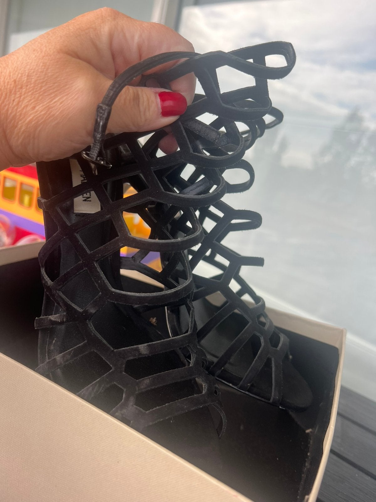 SteveMadden Slithur Black NubuckLeather Caged Heels 9,5 M/40, Verzenden, Zo goed als nieuw