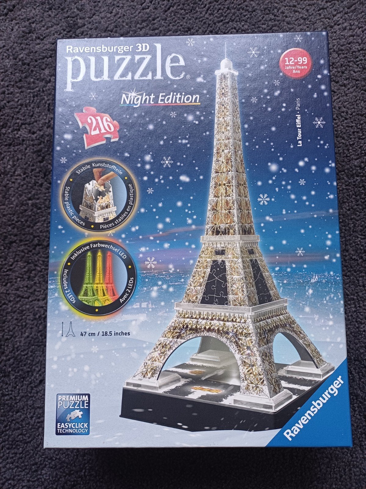 Ravensburger 3D Eiffel Toren Nachteditie LED Puzzle, Ophalen of Verzenden, Minder dan 500 stukjes, Zo goed als nieuw, Rubik's of 3D-puzzel