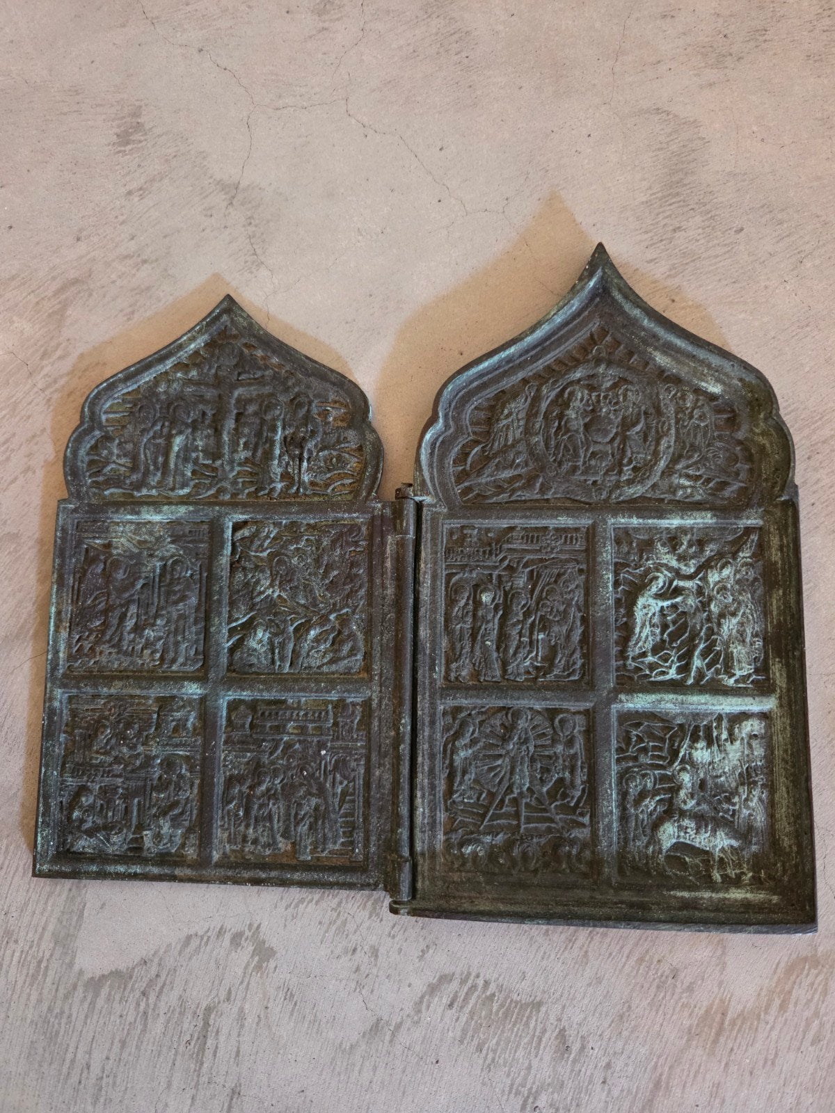 Antiek bronzen Russisch Orthodox reisicoon 2-delig, Ophalen of Verzenden