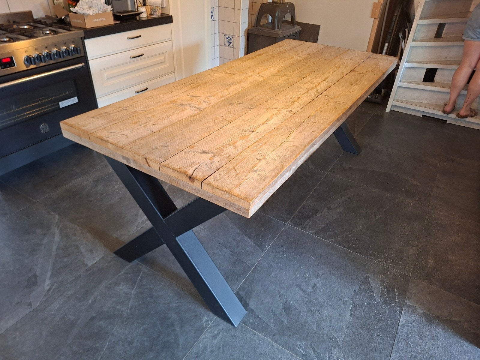Tafel met steigerhouten blad en X poten, Gebruikt, 200 cm of meer, 50 tot 100 cm, Vijf personen of meer