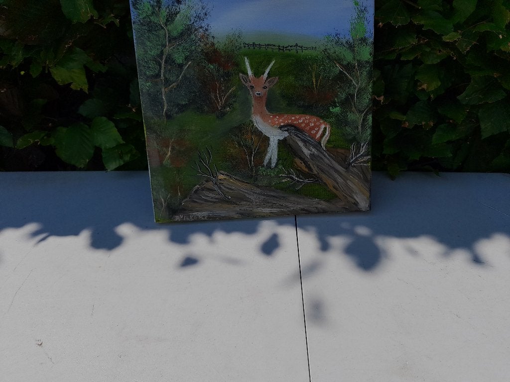 zeer mooi handgeschilderde schilderij met hert a v/d kamp, Ophalen of Verzenden, Zo goed als nieuw, Schilderij